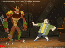 scene from production: boy puts martial arts move on large creature standing peacefully