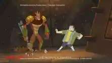 boy in fighting pose versus big creature who is unimpressed